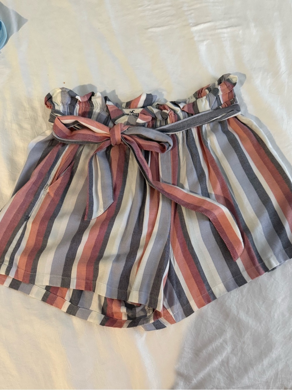 Hollister Striped Paperbag Waist Skirt in Pink, Gray, and White